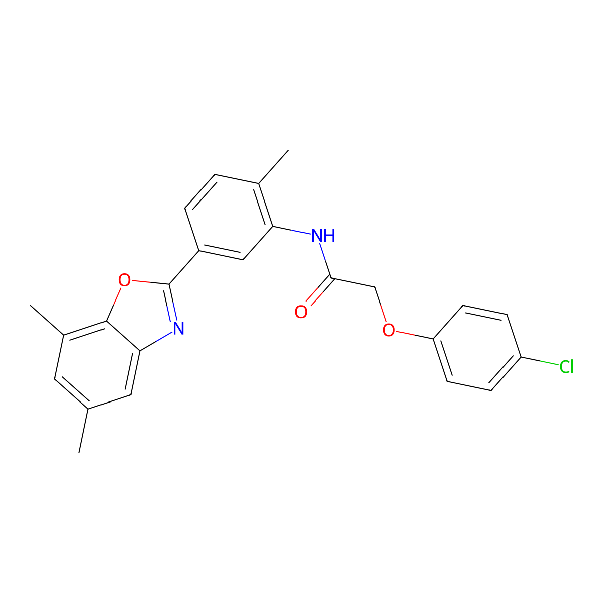 2-(4-chlorophenoxy)-N-[5-(5,7-dimethyl-1,3-benzoxazol-2-yl)-2-methylphenyl]acetamide molecular structure, CAS 314039-22-0