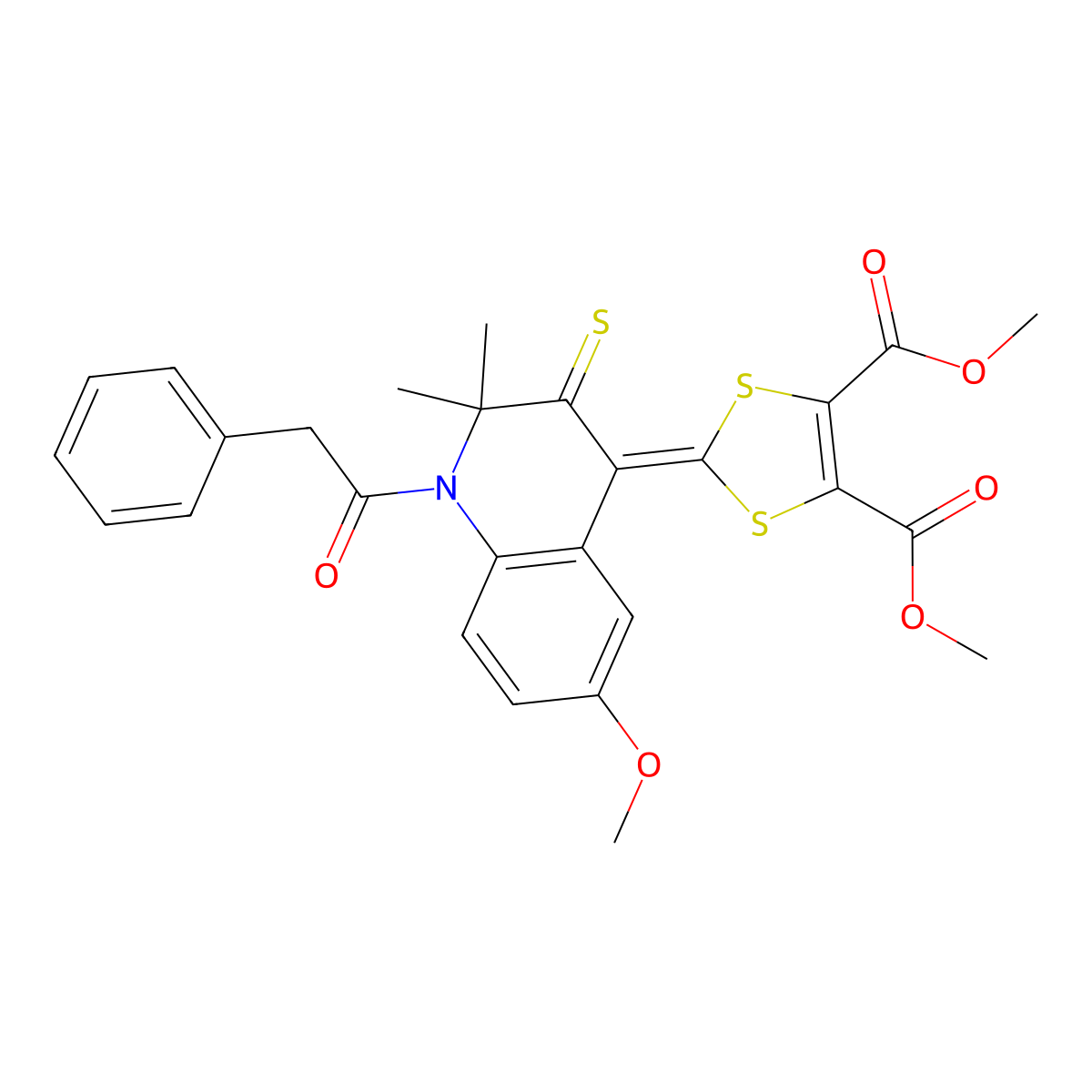 dimethyl 2-(6-methoxy-2,2-dimethyl-1-(phenylacetyl)-3-thioxo-2,3-dihydro-4(1H)-quinolinylidene)-1,3-dithiole-4,5-dicarboxylate molecular structure, CAS 314039-30-0