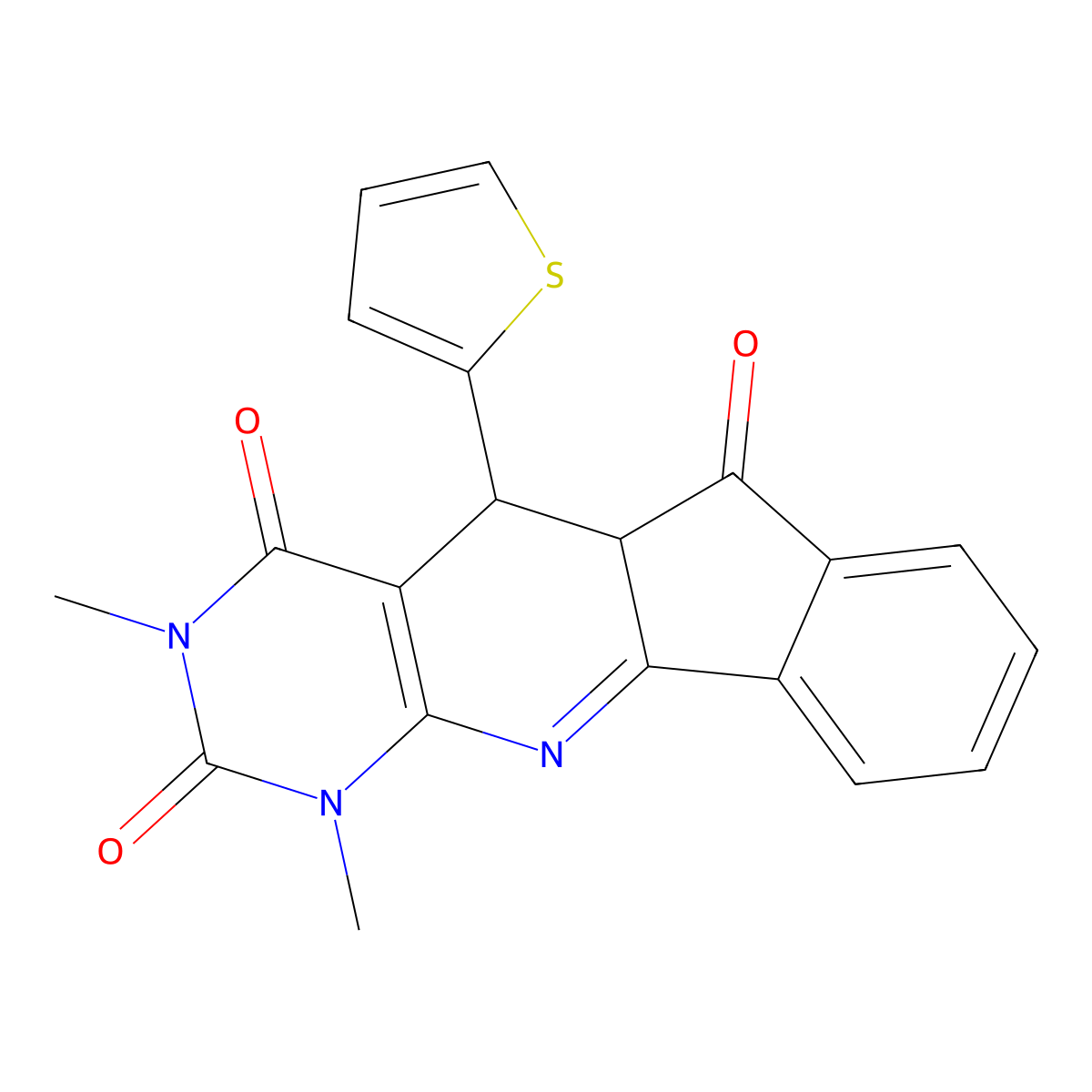1,3-dimethyl-5-(thiophen-2-yl)-5,5a-dihydro-1H-indeno[2',1':5,6]pyrido[2,3-d]pyrimidine-2,4,6(3H)-trione molecular structure, CAS 314039-48-0