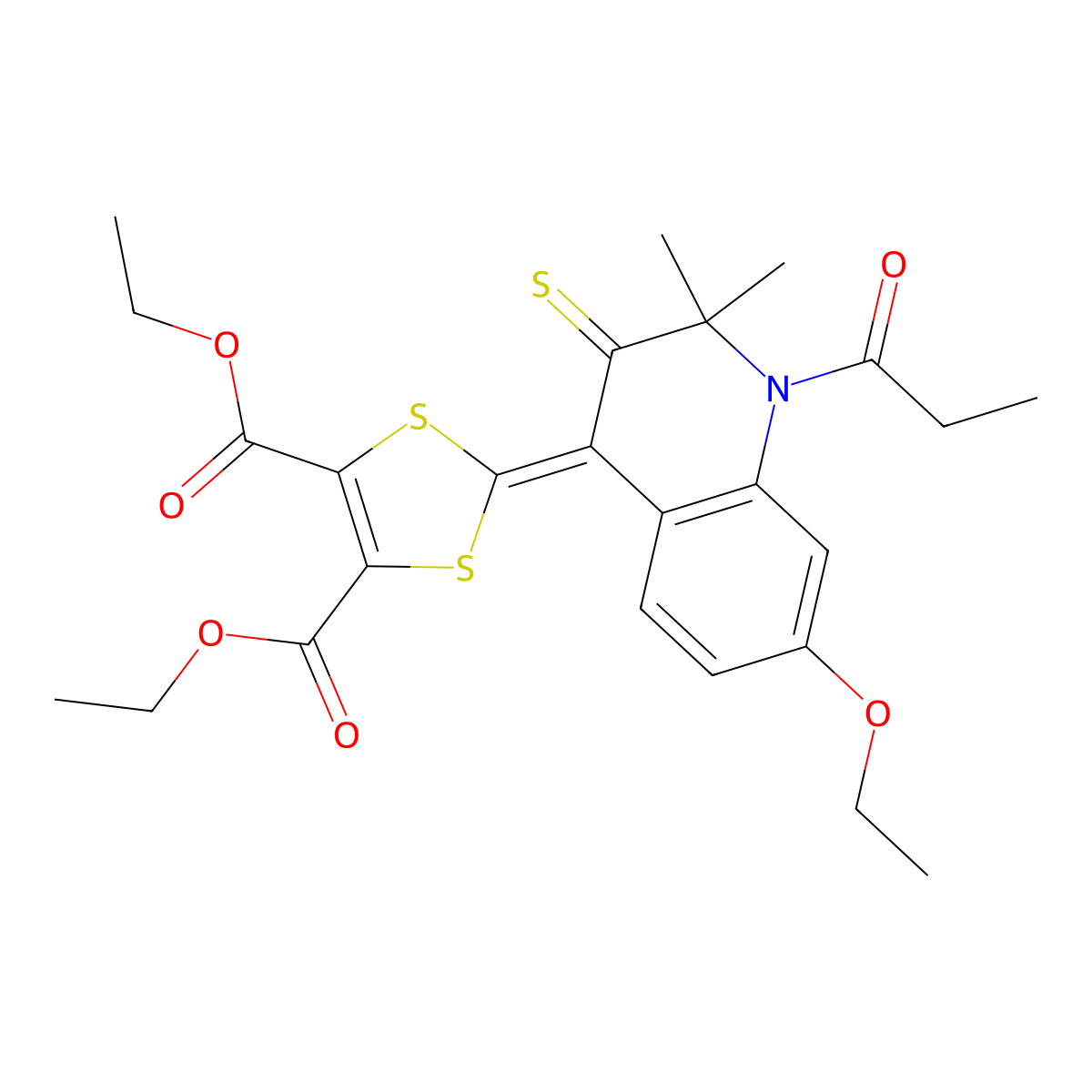 Diethyl 2-(7-ethoxy-2,2-dimethyl-1-propanoyl-3-sulfanylidenequinolin-4-ylidene)-1,3-dithiole-4,5-dicarboxylate molecular structure, CAS 314039-77-5