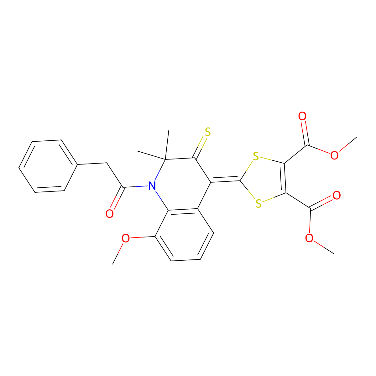 Dimethyl 2-[8-methoxy-2,2-dimethyl-1-(2-phenylacetyl)-3-sulfanylidenequinolin-4-ylidene]-1,3-dithiole-4,5-dicarboxylate molecular structure, CAS 314039-79-7