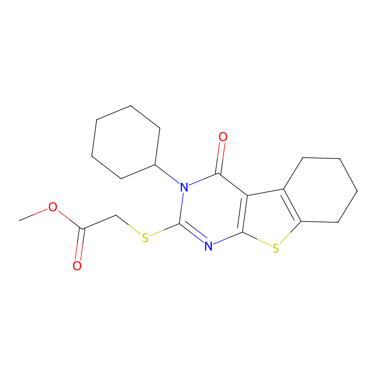 Methyl [(3-cyclohexyl-4-oxo-3,4,5,6,7,8-hexahydro[1]benzothieno[2,3-d]pyrimidin-2-yl)sulfanyl]acetate molecular structure, CAS 314041-78-6