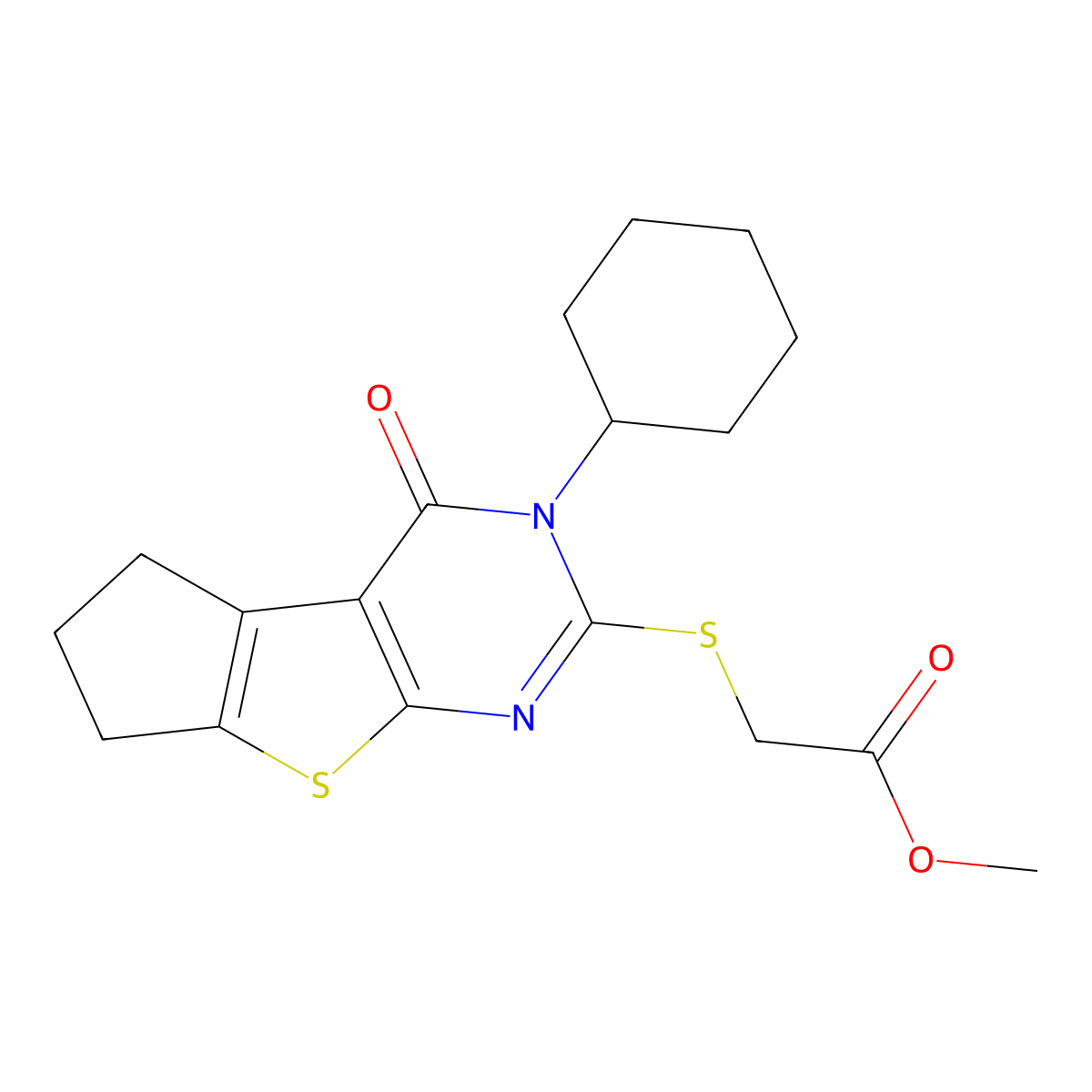 methyl [(3-cyclohexyl-4-oxo-3,5,6,7-tetrahydro-4H-cyclopenta[4,5]thieno[2,3-d]pyrimidin-2-yl)sulfanyl]acetate molecular structure, CAS 314041-79-7