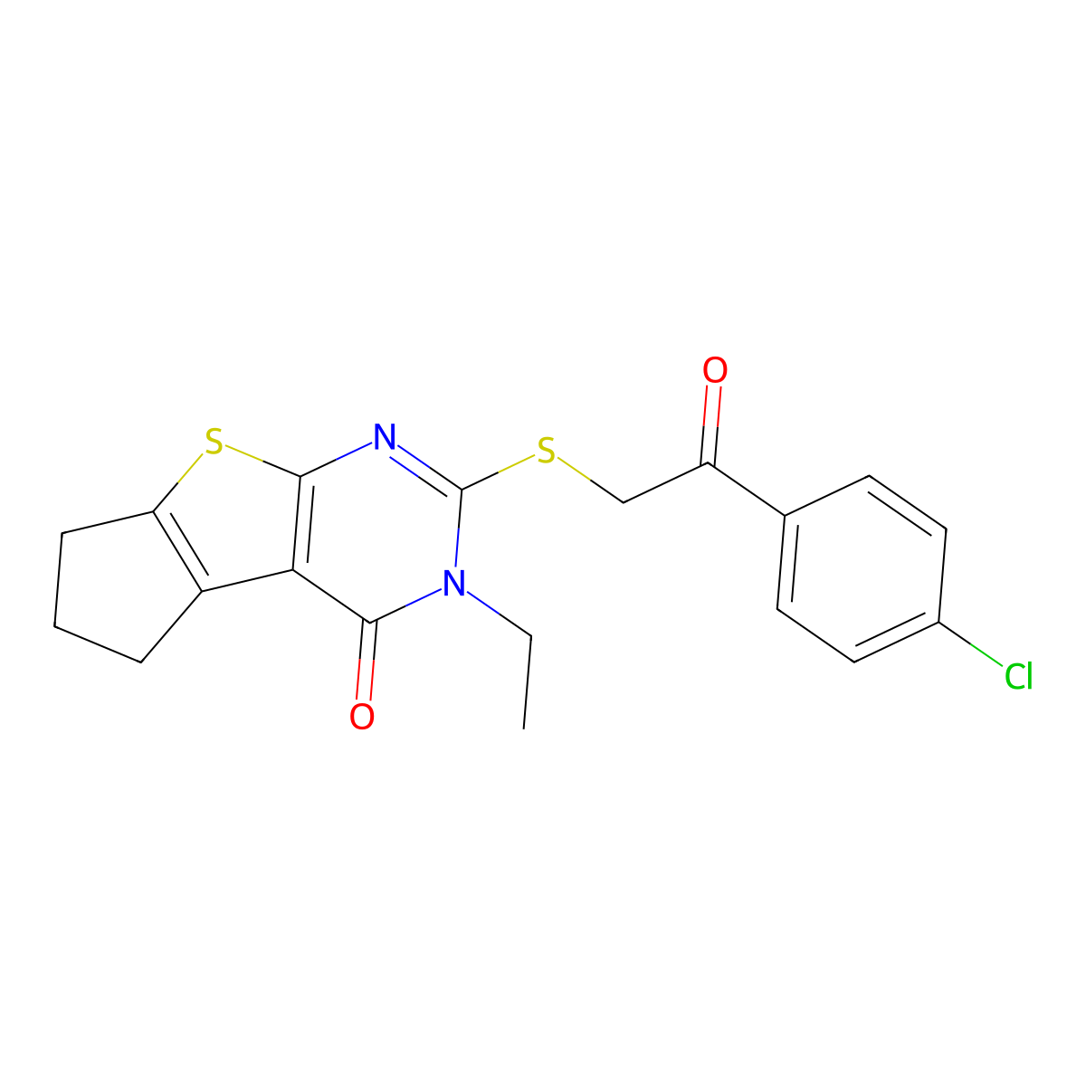 2-((2-(4-Chlorophenyl)-2-oxoethyl)thio)-3-ethyl-3,5,6,7-tetrahydro-4H-cyclopenta[4,5]thieno[2,3-d]pyrimidin-4-one molecular structure, CAS 314041-83-3