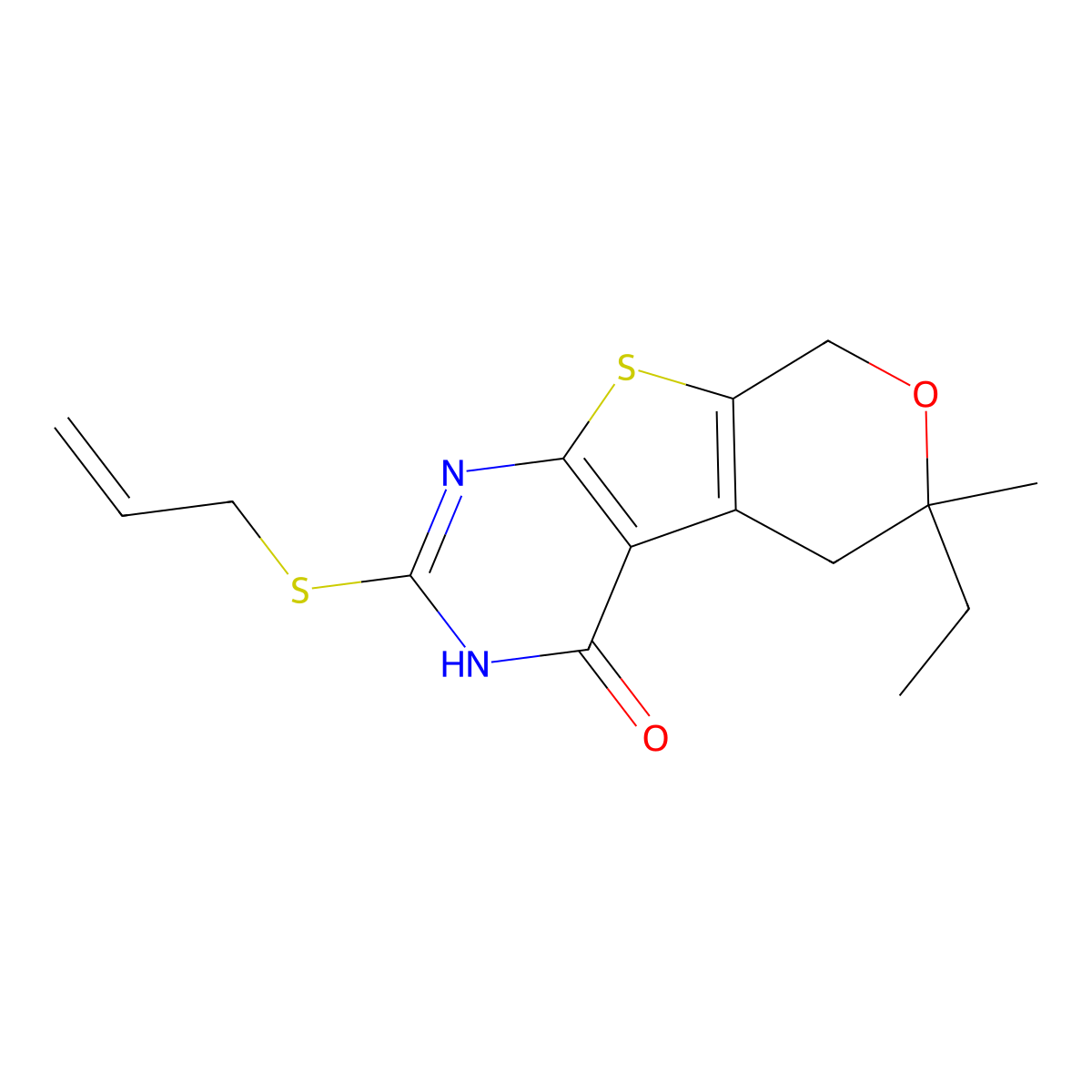 6-ethyl-6-methyl-2-(prop-2-en-1-ylsulfanyl)-3,5,6,8-tetrahydro-4H-pyrano[4',3':4,5]thieno[2,3-d]pyrimidin-4-one molecular structure, CAS 314041-90-2