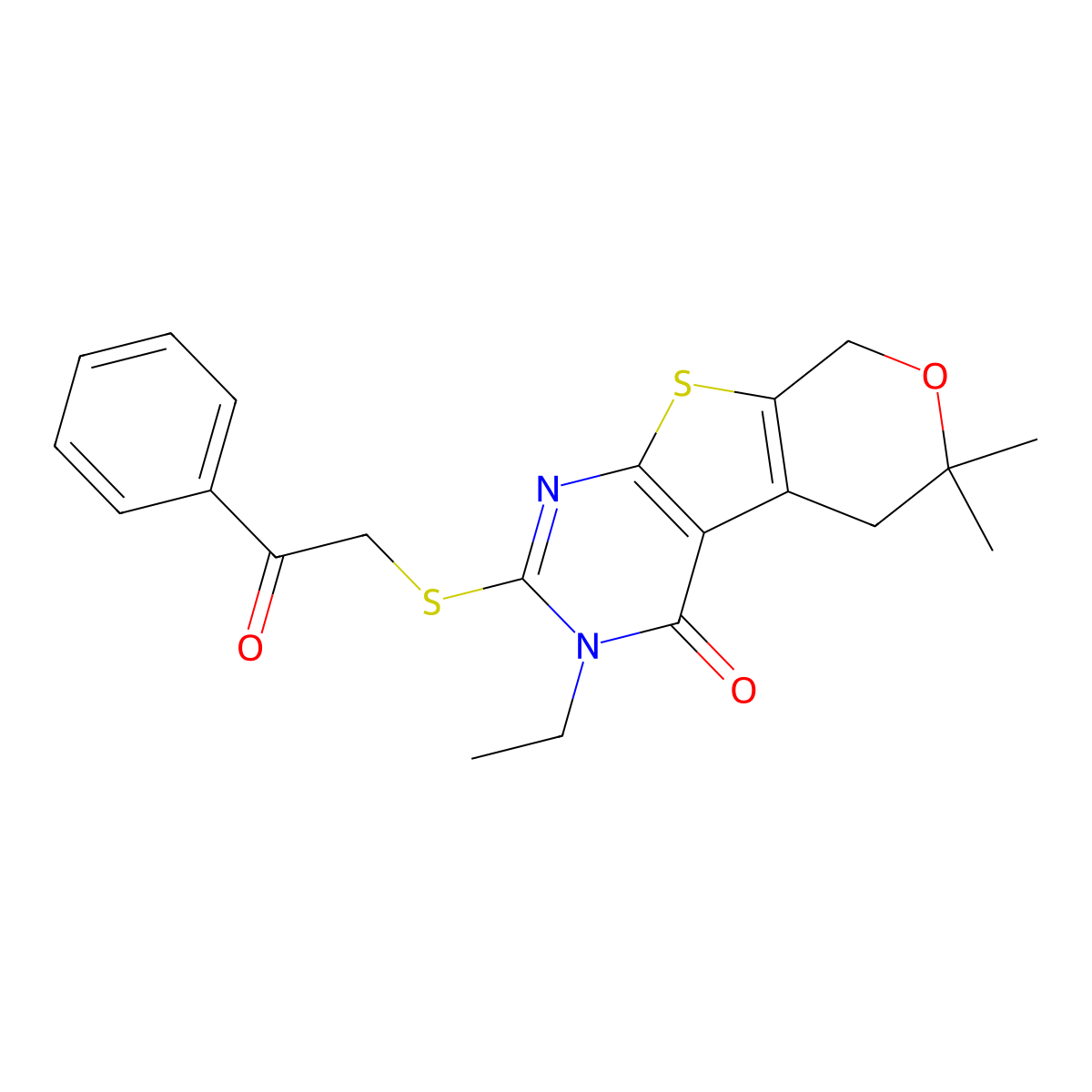 3-ethyl-6,6-dimethyl-2-[(2-oxo-2-phenylethyl)sulfanyl]-3,5,6,8-tetrahydro-4H-pyrano[4',3':4,5]thieno[2,3-d]pyrimidin-4-one molecular structure, CAS 314041-97-9