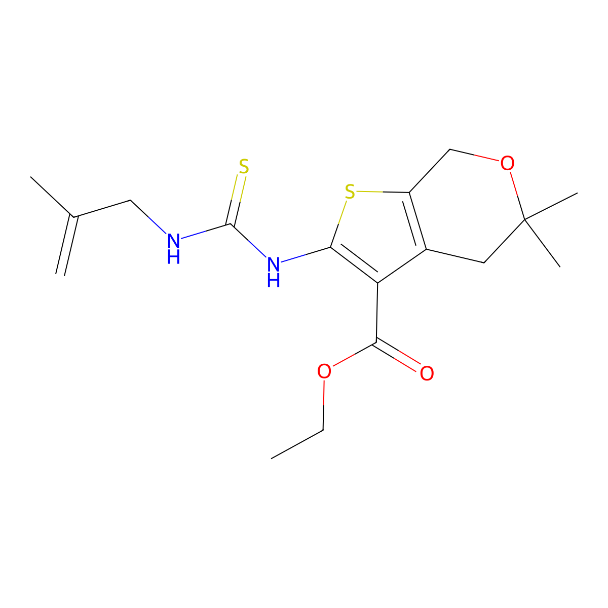 Ethyl 4,7-dihydro-5,5-dimethyl-2-((((2-methyl-2-propen-1-yl)amino)thioxomethyl)amino)-5H-thieno(2,3-c)pyran-3-carboxylate molecular structure, CAS 314042-02-9