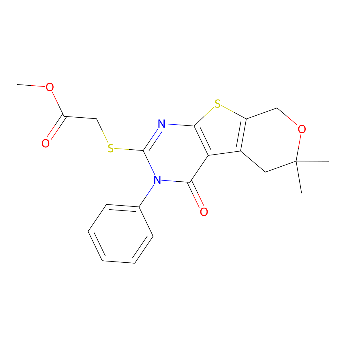 methyl 2-((6,6-dimethyl-4-oxo-3-phenyl-4,5,6,8-tetrahydro-3H-pyrano[4',3':4,5]thieno[2,3-d]pyrimidin-2-yl)thio)acetate molecular structure, CAS 314042-05-2