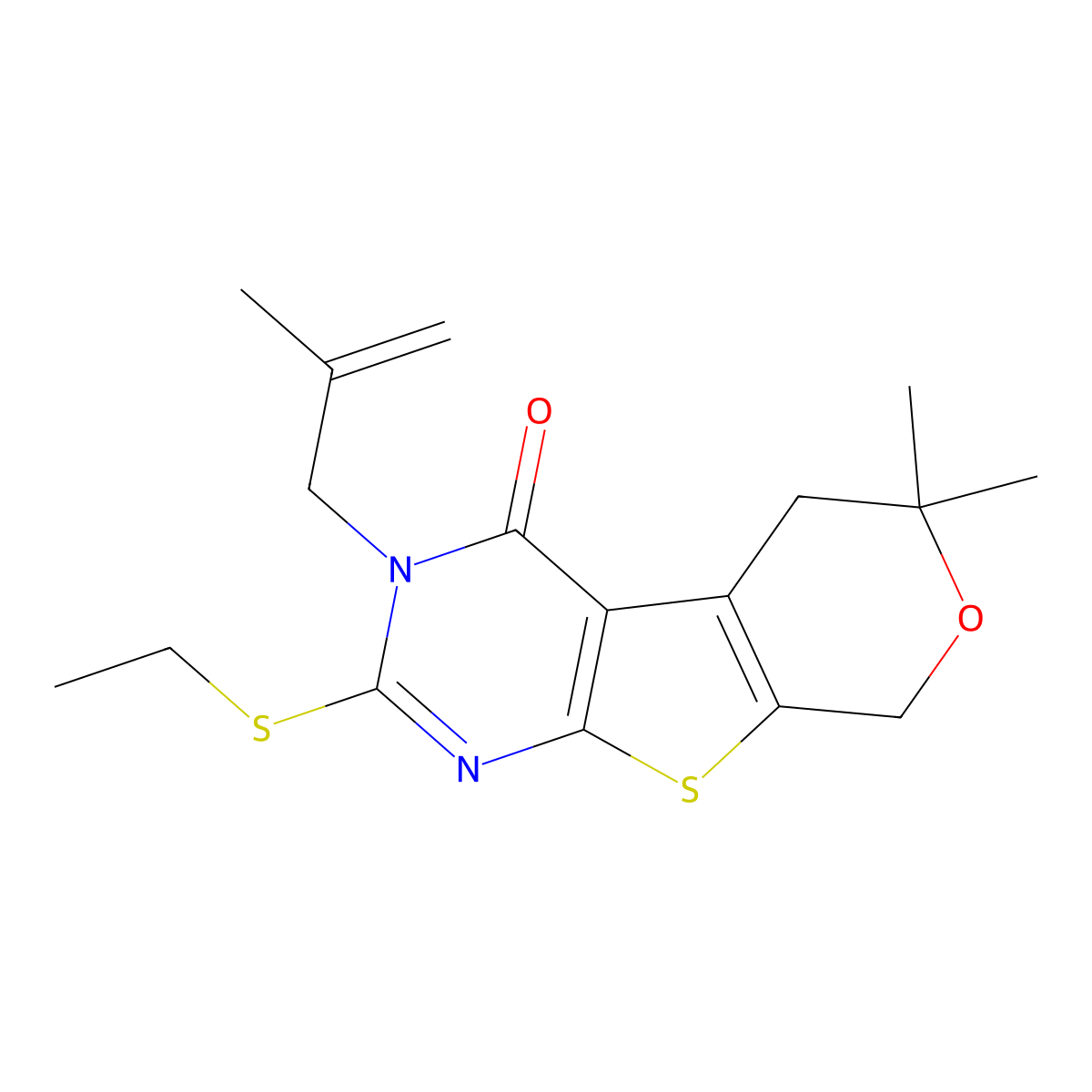 2-Ethylsulfanyl-6,6-dimethyl-3-(2-methylprop-2-enyl)-5,8-dihydropyrano[2,3]thieno[2,4-b]pyrimidin-4-one molecular structure, CAS 314042-11-0