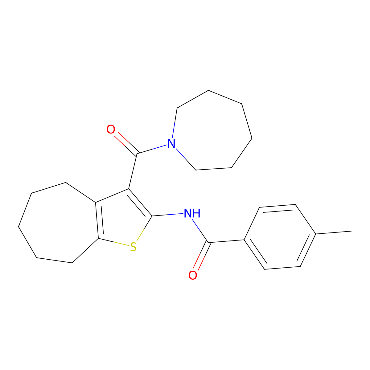 N-[3-(azepane-1-carbonyl)-5,6,7,8-tetrahydro-4H-cyclohepta[b]thiophen-2-yl]-4-methylbenzamide molecular structure, CAS 314043-07-7