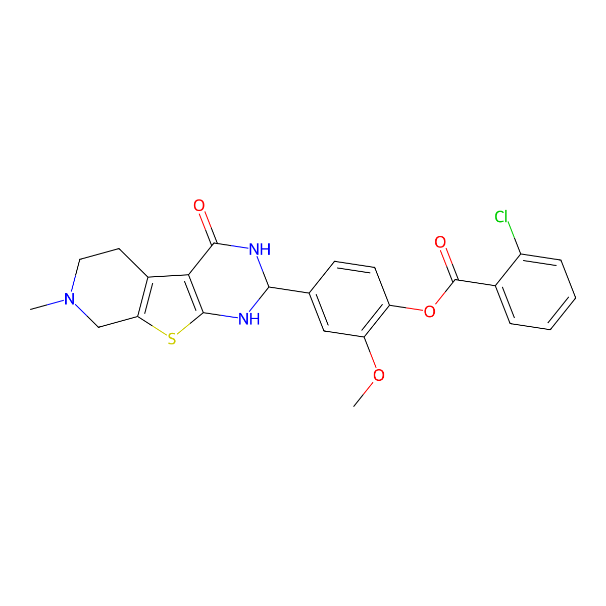 2-Methoxy-4-(7-methyl-4-oxo-1,2,3,4,5,6,7,8-octahydropyrido[4',3':4,5]thieno[2,3-d]pyrimidin-2-yl)phenyl 2-chlorobenzoate molecular structure, CAS 314044-29-6