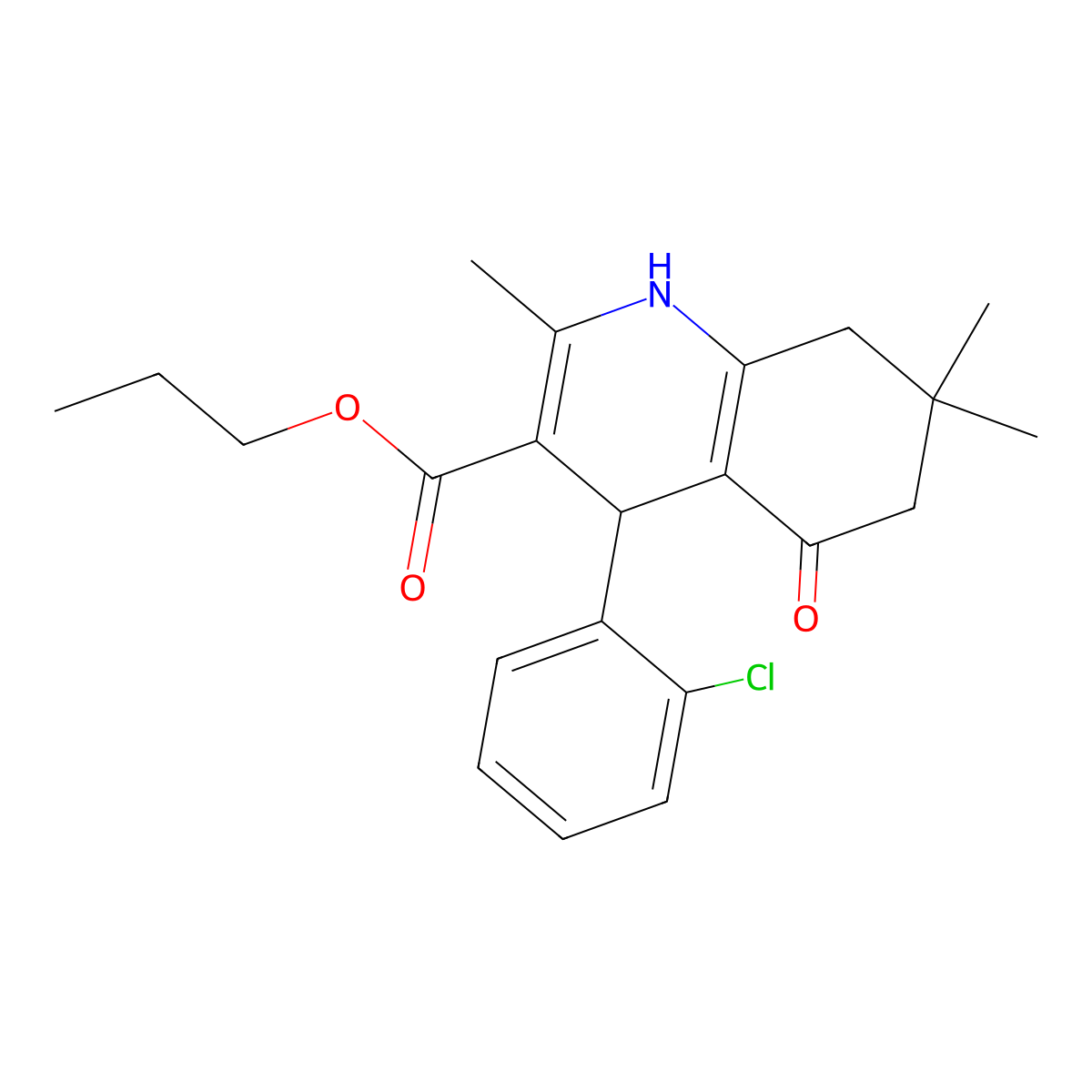 Propyl 4-(2-chlorophenyl)-2,7,7-trimethyl-5-oxo-1,4,5,6,7,8-hexahydroquinoline-3-carboxylate molecular structure, CAS 314046-74-7