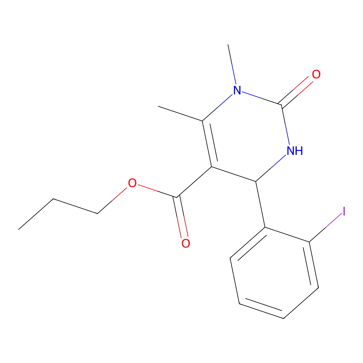 Propyl 4-(2-iodophenyl)-1,6-dimethyl-2-oxo-1,2,3,4-tetrahydropyrimidine-5-carboxylate molecular structure, CAS 314046-91-8