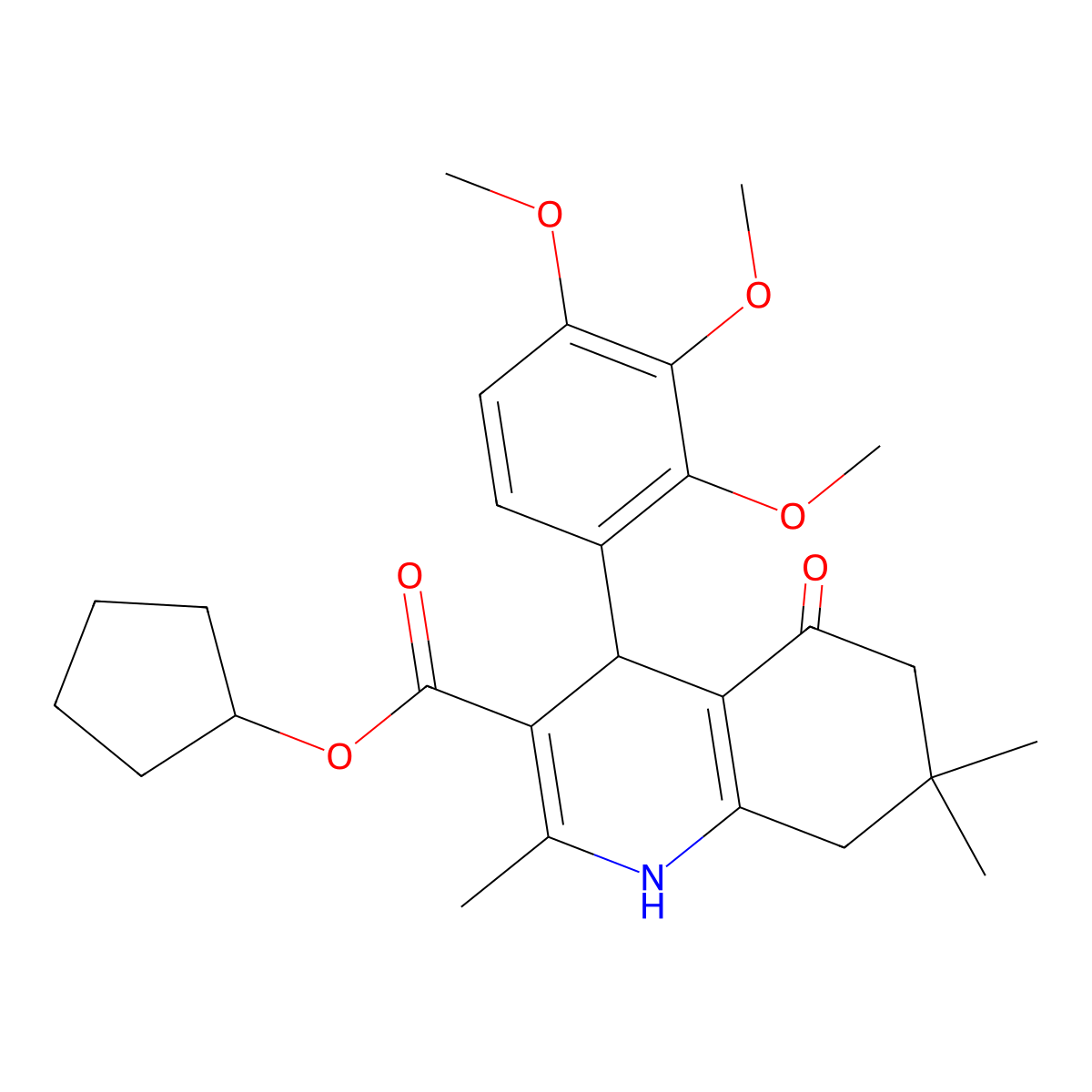 Cyclopentyl 2,7,7-trimethyl-5-oxo-4-(2,3,4-trimethoxyphenyl)-1,4,5,6,7,8-hexahydroquinoline-3-carboxylate molecular structure, CAS 314048-41-4