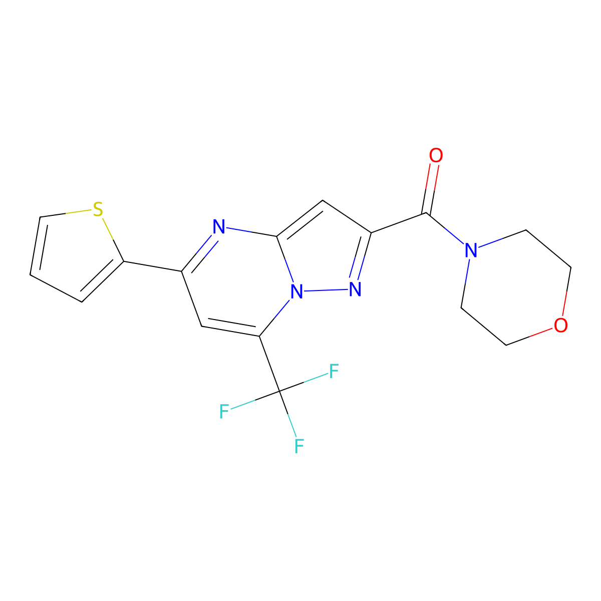 Morpholin-4-yl-[5-thiophen-2-yl-7-(trifluoromethyl)pyrazolo[1,5-a]pyrimidin-2-yl]methanone molecular structure, CAS 314048-50-5