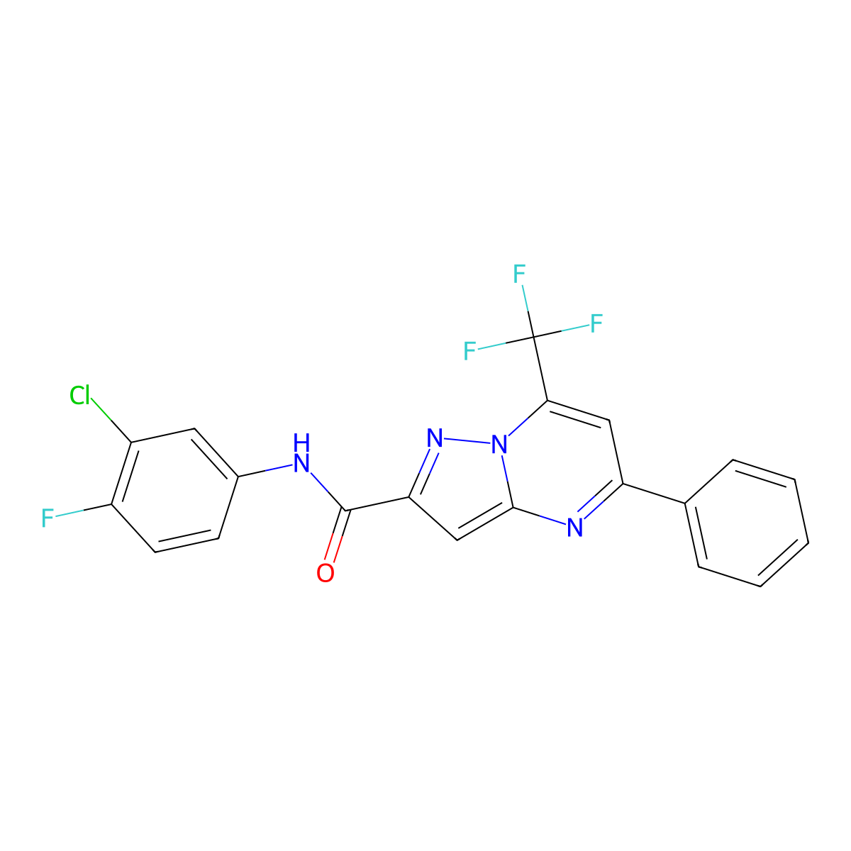 N-(3-chloro-4-fluorophenyl)-5-phenyl-7-(trifluoromethyl)pyrazolo[1,5-a]pyrimidine-2-carboxamide molecular structure, CAS 314048-58-3