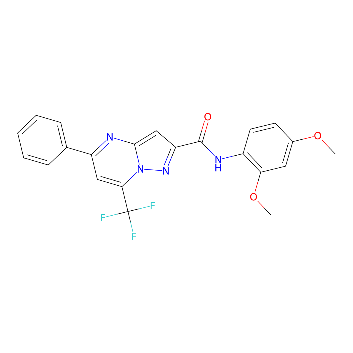 N-(2,4-dimethoxyphenyl)-5-phenyl-7-(trifluoromethyl)pyrazolo[1,5-a]pyrimidine-2-carboxamide molecular structure, CAS 314048-59-4