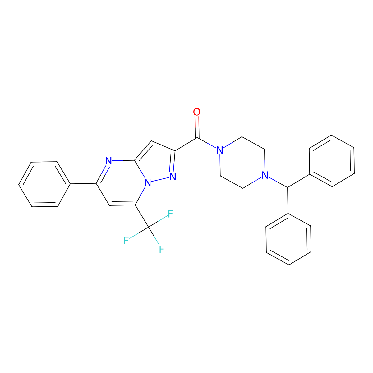 (4-Benzhydrylpiperazin-1-yl)-[5-phenyl-7-(trifluoromethyl)pyrazolo[1,5-a]pyrimidin-2-yl]methanone molecular structure, CAS 314048-61-8
