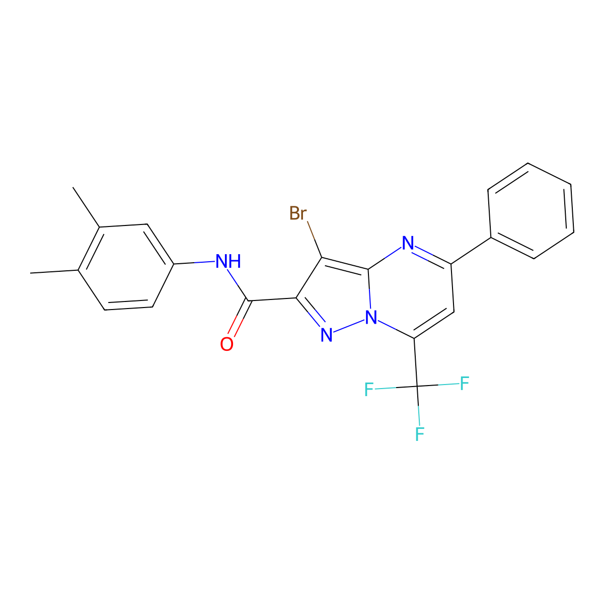 3-bromo-N-(3,4-dimethylphenyl)-5-phenyl-7-(trifluoromethyl)pyrazolo[1,5-a]pyrimidine-2-carboxamide molecular structure, CAS 314048-77-6
