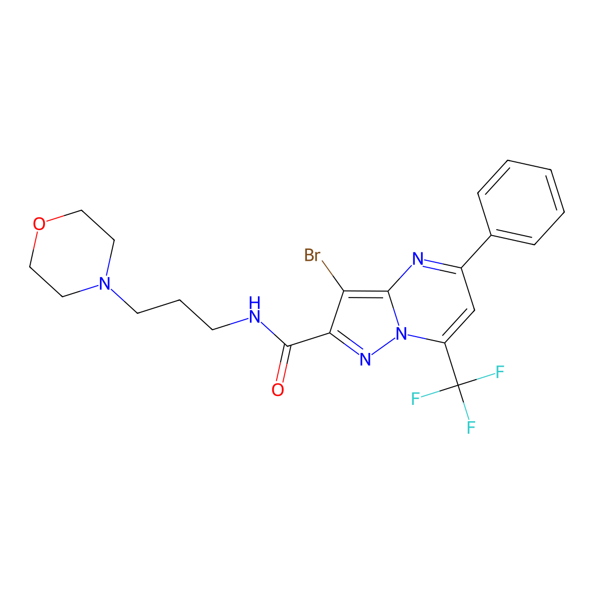 3-bromo-N-(3-morpholin-4-ylpropyl)-5-phenyl-7-(trifluoromethyl)pyrazolo[1,5-a]pyrimidine-2-carboxamide molecular structure, CAS 314048-78-7