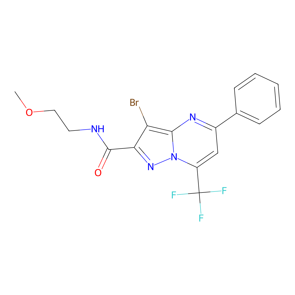 3-bromo-N-(2-methoxyethyl)-5-phenyl-7-(trifluoromethyl)pyrazolo[1,5-a]pyrimidine-2-carboxamide molecular structure, CAS 314048-85-6