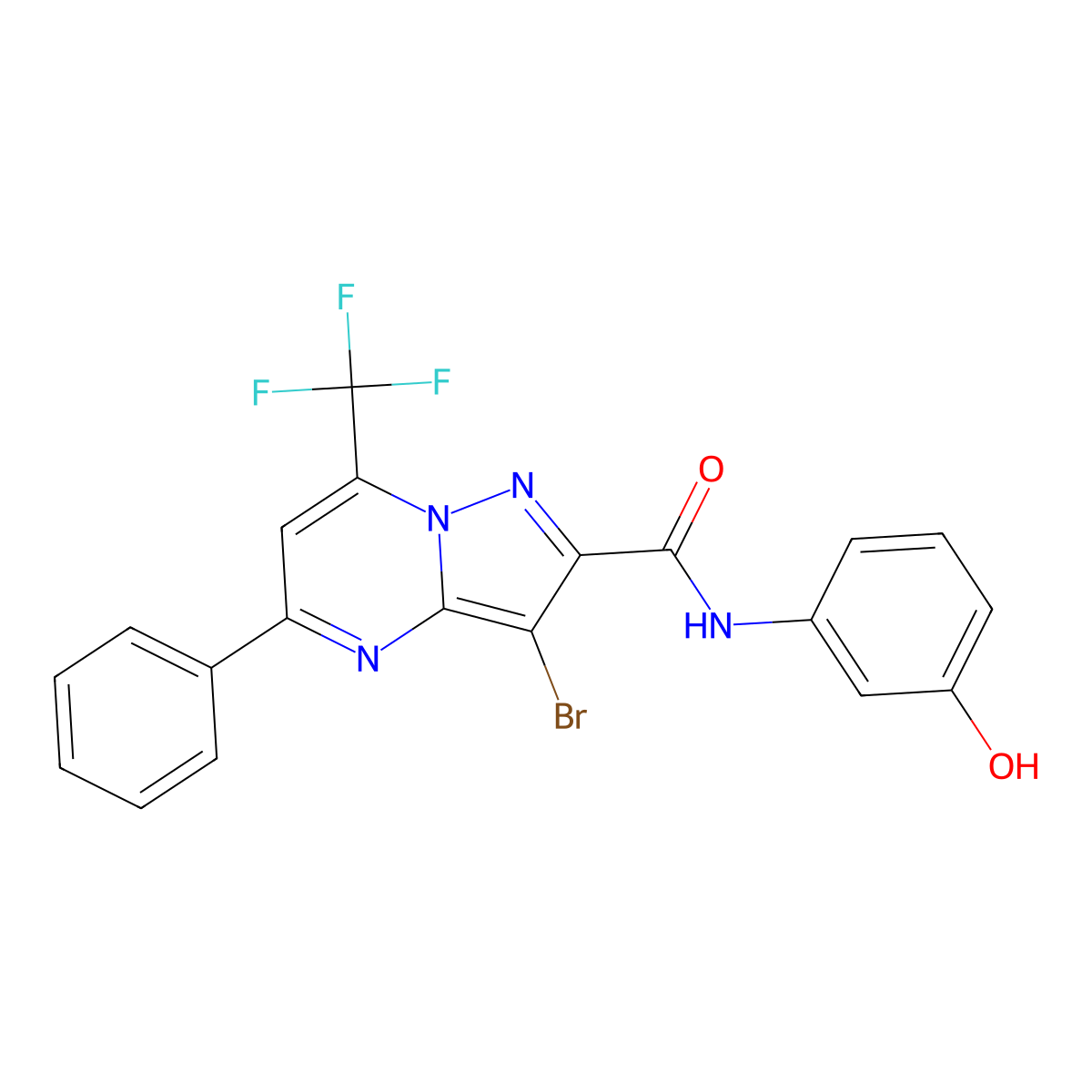3-bromo-N-(3-hydroxyphenyl)-5-phenyl-7-(trifluoromethyl)pyrazolo[1,5-a]pyrimidine-2-carboxamide molecular structure, CAS 314048-86-7