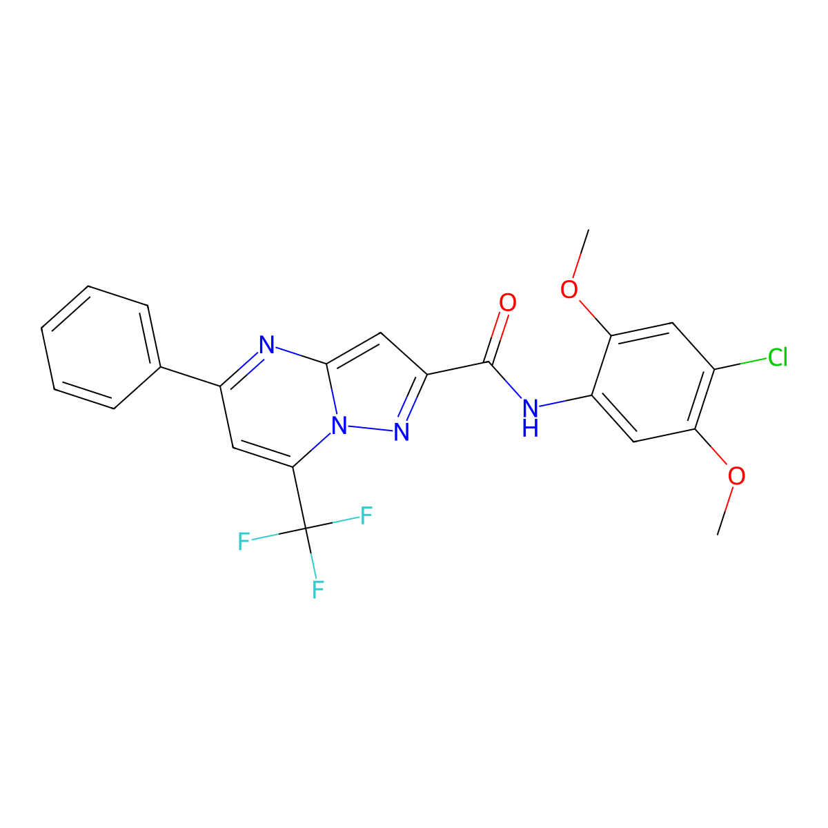 N-(4-chloro-2,5-dimethoxyphenyl)-5-phenyl-7-(trifluoromethyl)pyrazolo[1,5-a]pyrimidine-2-carboxamide molecular structure, CAS 314048-99-2