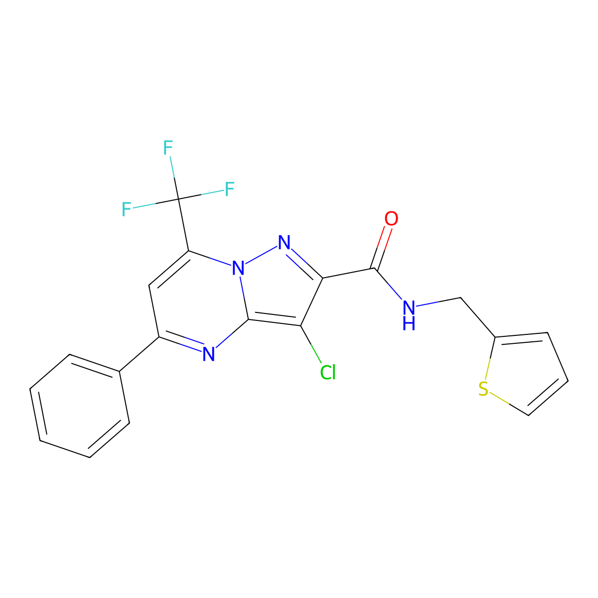 3-chloro-5-phenyl-N-(thiophen-2-ylmethyl)-7-(trifluoromethyl)pyrazolo[1,5-a]pyrimidine-2-carboxamide molecular structure, CAS 314049-06-4