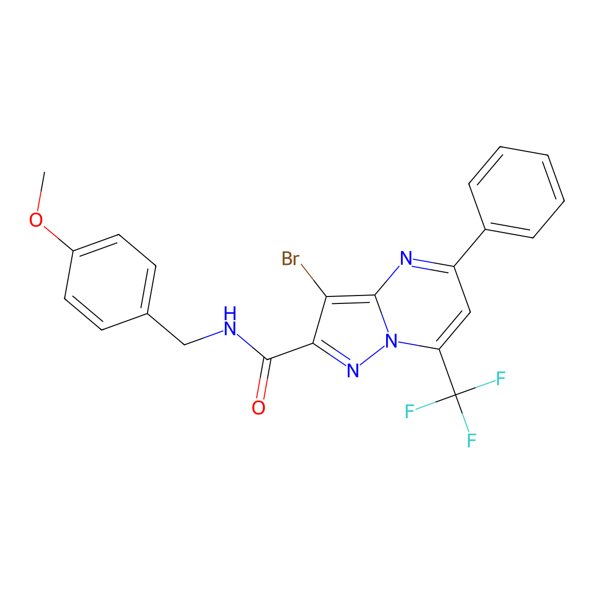 3-bromo-N-(4-methoxybenzyl)-5-phenyl-7-(trifluoromethyl)pyrazolo[1,5-a]pyrimidine-2-carboxamide molecular structure, CAS 314049-10-0