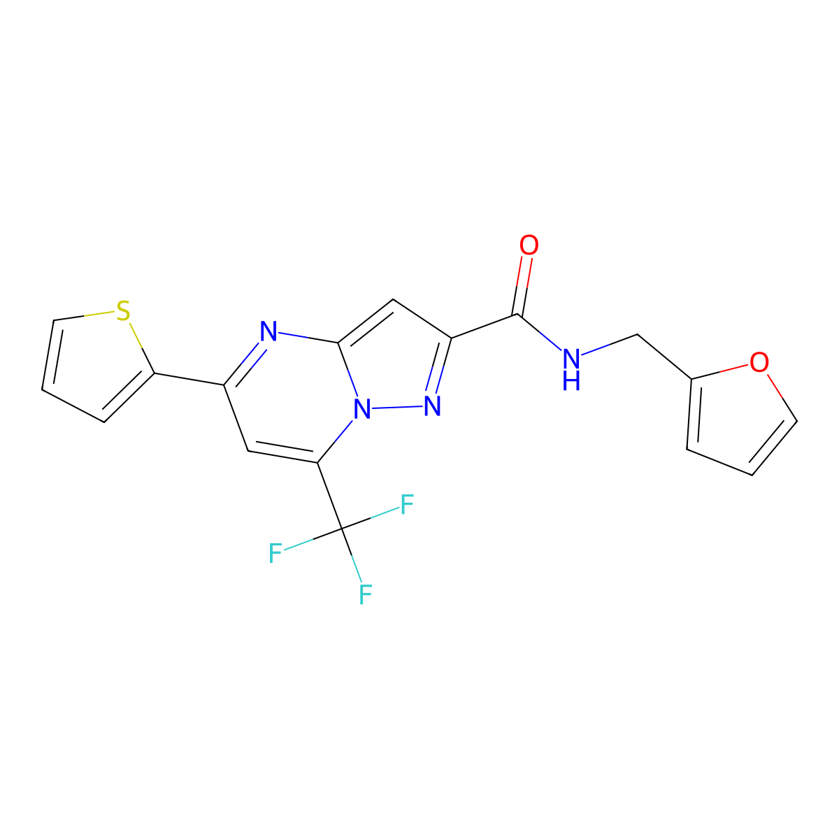 N-(2-furanylmethyl)-5-thiophen-2-yl-7-(trifluoromethyl)-2-pyrazolo[1,5-a]pyrimidinecarboxamide molecular structure, CAS 314049-16-6