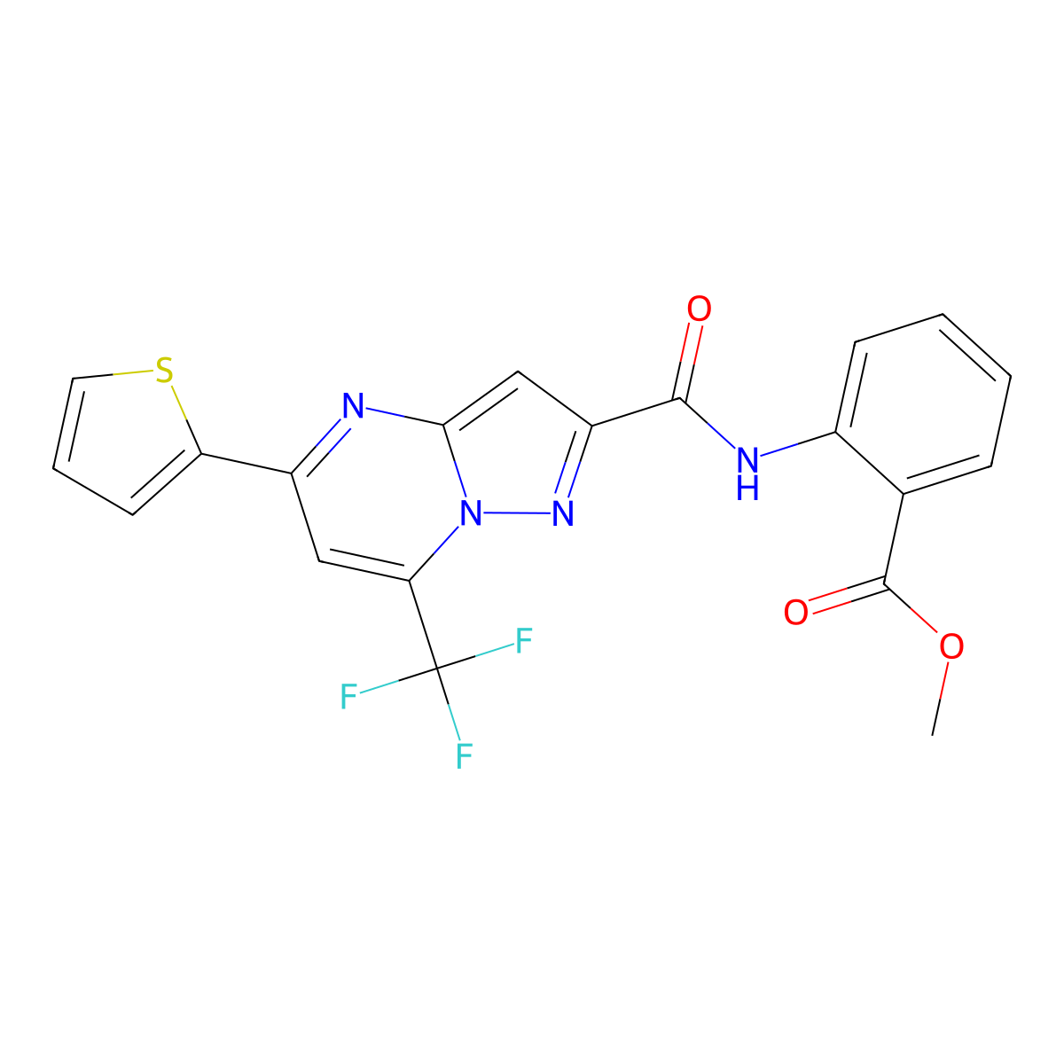 Methyl 2-(5-(thiophen-2-yl)-7-(trifluoromethyl)pyrazolo[1,5-a]pyrimidine-2-carboxamido)benzoate molecular structure, CAS 314049-25-7
