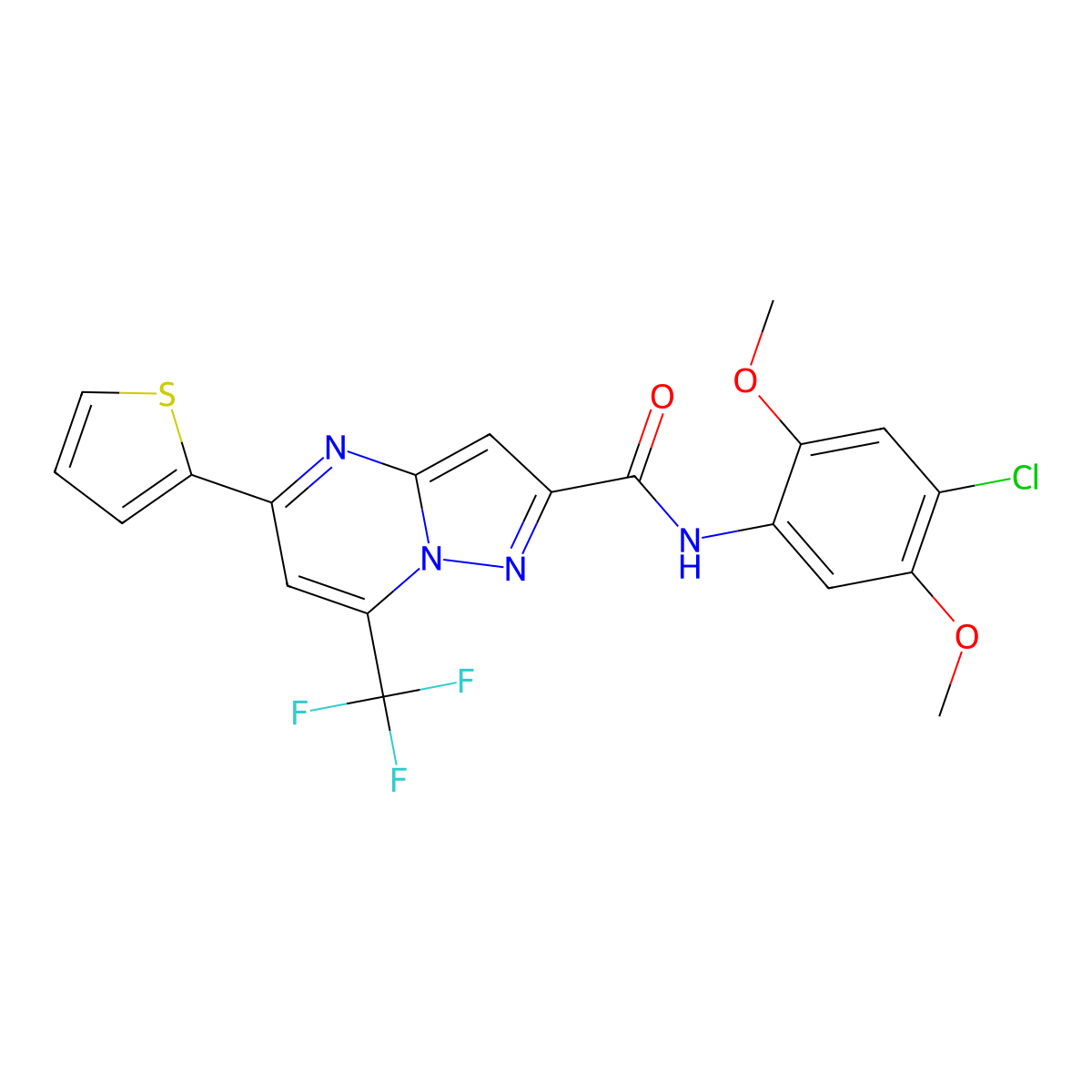 N-(4-chloro-2,5-dimethoxyphenyl)-5-thiophen-2-yl-7-(trifluoromethyl)pyrazolo[1,5-a]pyrimidine-2-carboxamide molecular structure, CAS 314049-27-9