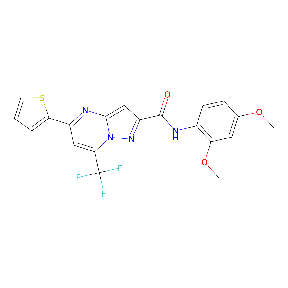 N-(2,4-dimethoxyphenyl)-5-(thiophen-2-yl)-7-(trifluoromethyl)pyrazolo[1,5-a]pyrimidine-2-carboxamide molecular structure, CAS 314049-29-1