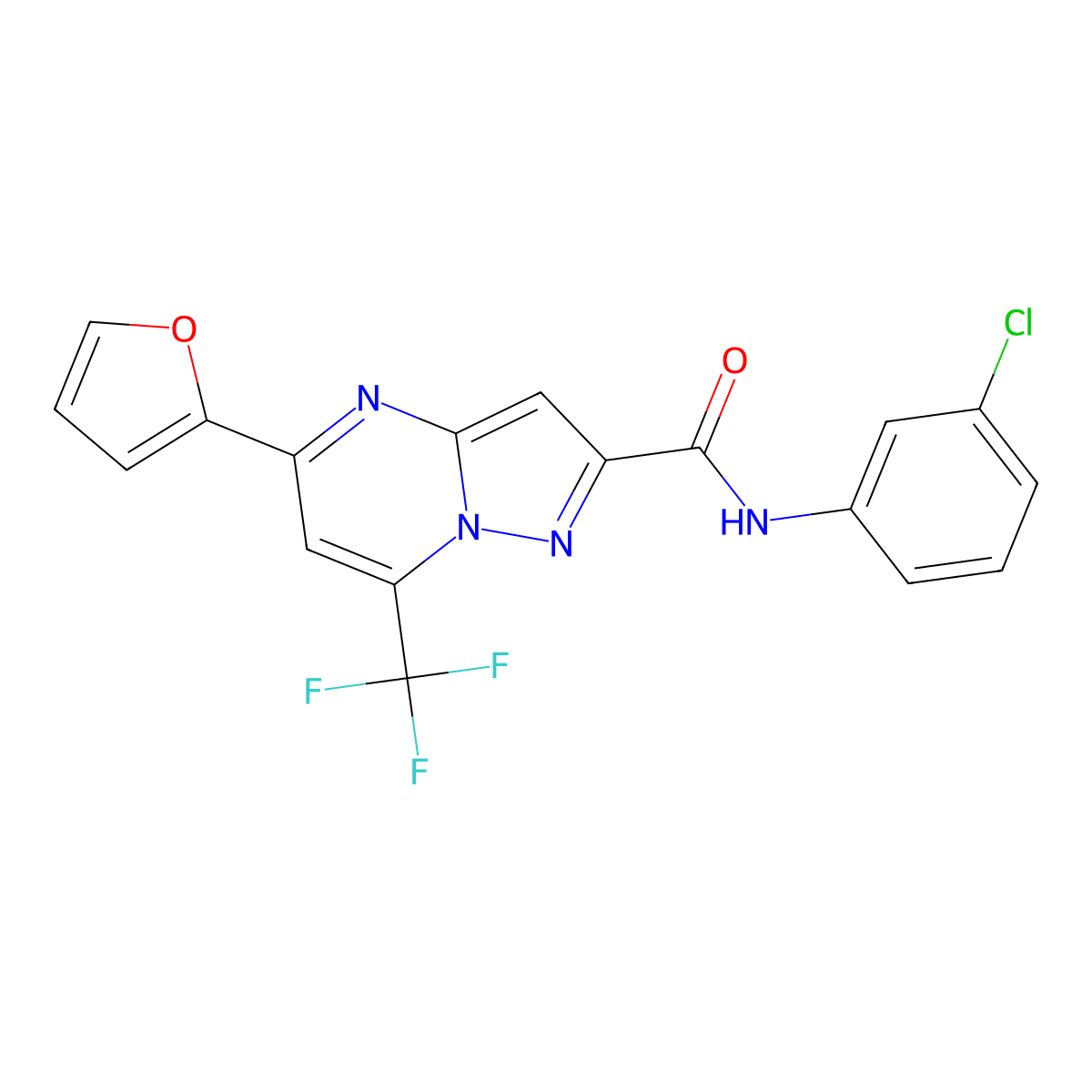 N-(3-chlorophenyl)-5-(furan-2-yl)-7-(trifluoromethyl)pyrazolo[1,5-a]pyrimidine-2-carboxamide molecular structure, CAS 314051-52-0