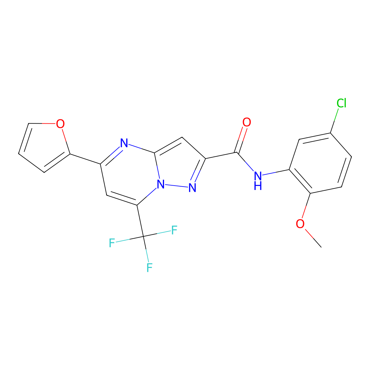 N-(5-chloro-2-methoxyphenyl)-5-(furan-2-yl)-7-(trifluoromethyl)pyrazolo[1,5-a]pyrimidine-2-carboxamide molecular structure, CAS 314051-54-2