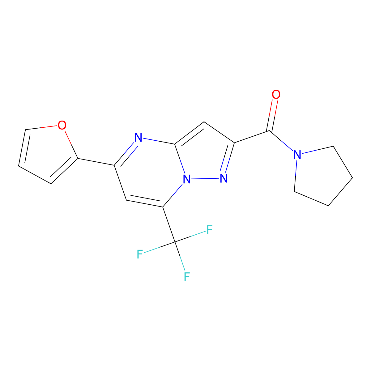 (5-(Furan-2-yl)-7-(trifluoromethyl)pyrazolo[1,5-a]pyrimidin-2-yl)(pyrrolidin-1-yl)methanone molecular structure, CAS 314051-55-3