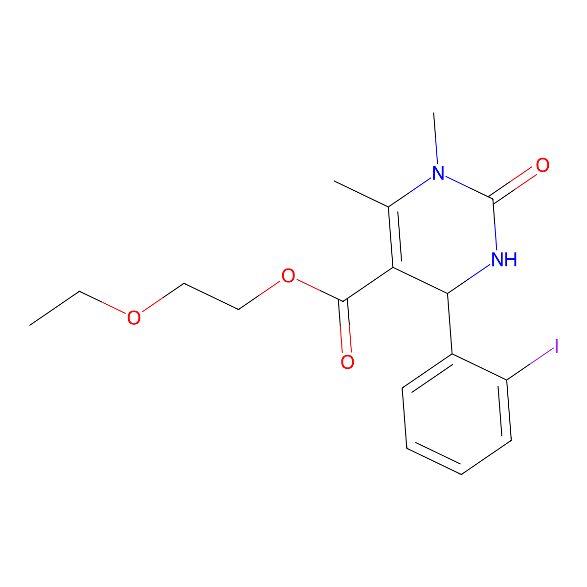 2-Ethoxyethyl 4-(2-iodophenyl)-1,6-dimethyl-2-oxo-1,2,3,4-tetrahydropyrimidine-5-carboxylate molecular structure, CAS 314052-22-7