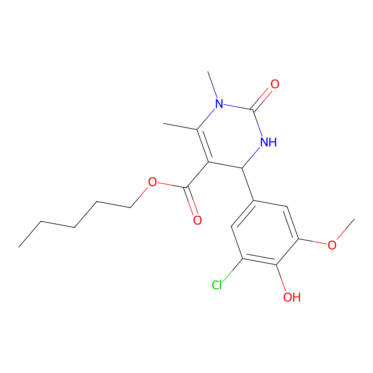 Pentyl 4-(3-chloro-4-hydroxy-5-methoxyphenyl)-1,6-dimethyl-2-oxo-1,2,3,4-tetrahydropyrimidine-5-carboxylate molecular structure, CAS 314052-31-8
