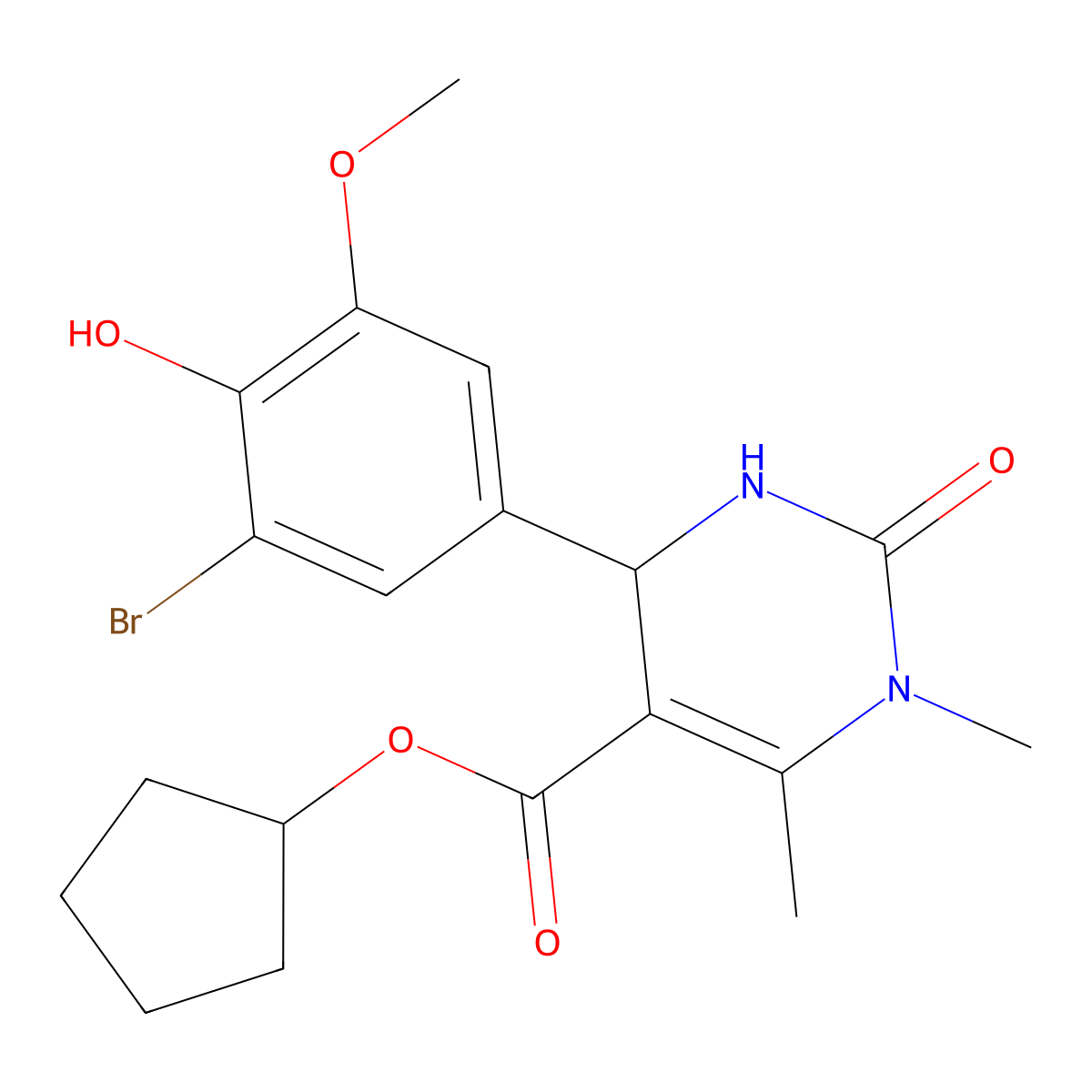 Cyclopentyl 4-(3-bromo-4-hydroxy-5-methoxyphenyl)-1,6-dimethyl-2-oxo-1,2,3,4-tetrahydropyrimidine-5-carboxylate molecular structure, CAS 314052-79-4