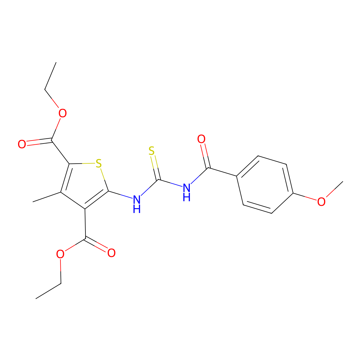 Diethyl 5-({[(4-methoxyphenyl)carbonyl]carbamothioyl}amino)-3-methylthiophene-2,4-dicarboxylate molecular structure, CAS 314054-50-7