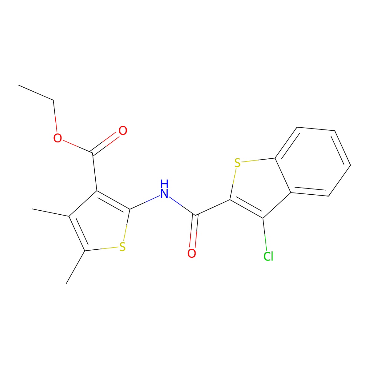 Ethyl 2-(3-chloro-1-benzothiophene-2-amido)-4,5-dimethylthiophene-3-carboxylate molecular structure, CAS 314054-94-9