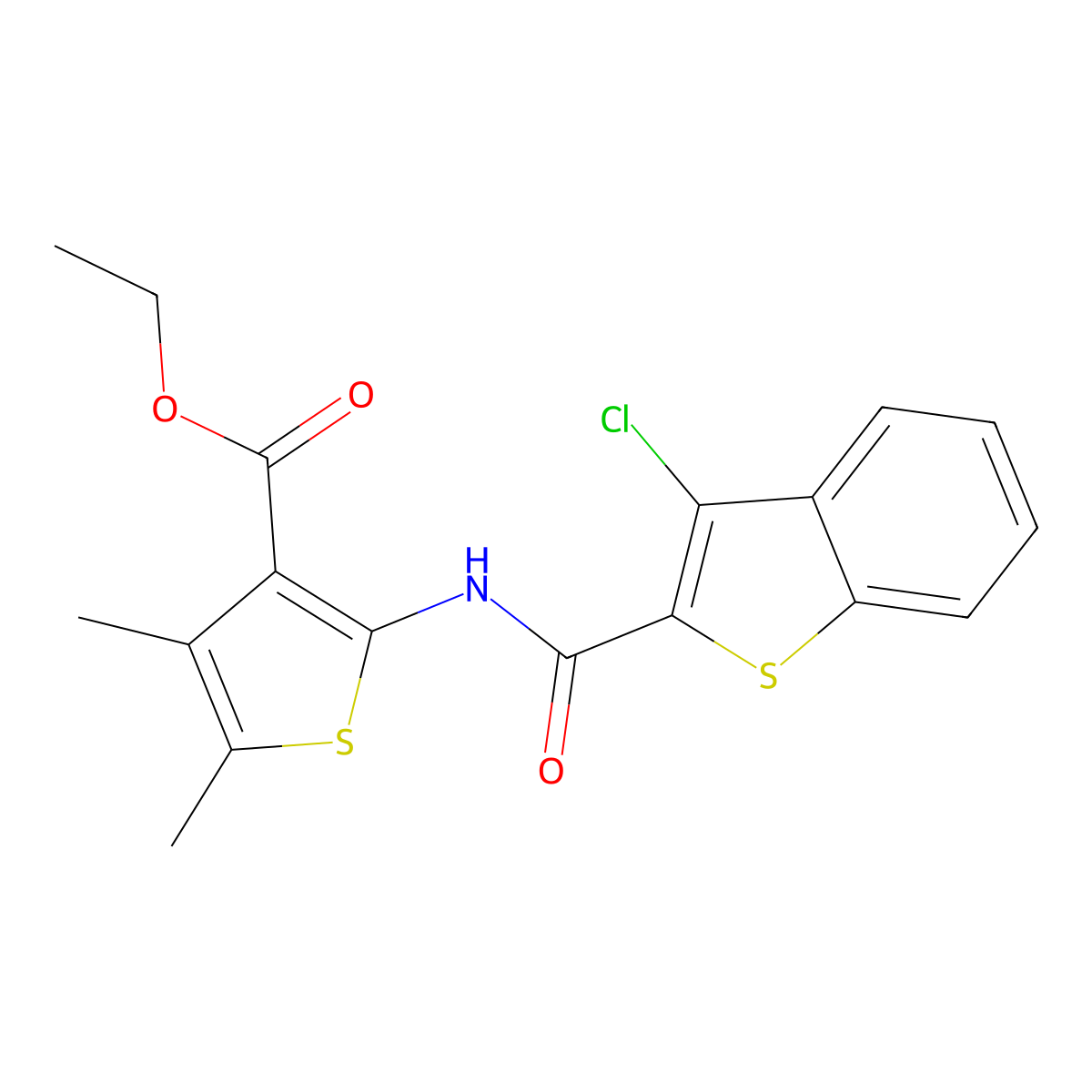 Ethyl 2-(3-chloro-1-benzothiophene-2-amido)-4,5-dimethylthiophene-3-carboxylate molecular structure, CAS 314054-94-9