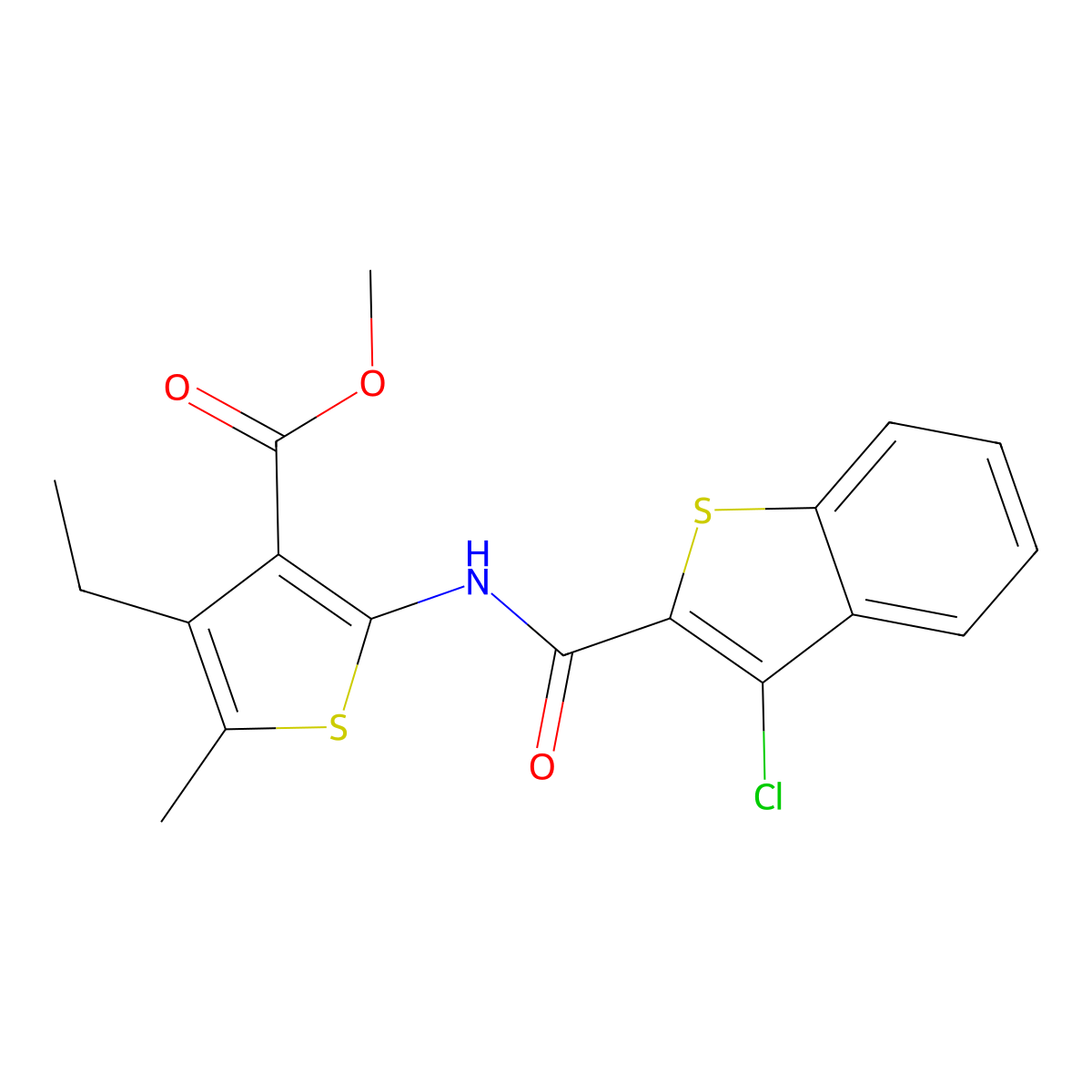 Methyl 2-[(3-chloro-1-benzothiophene-2-carbonyl)amino]-4-ethyl-5-methylthiophene-3-carboxylate molecular structure, CAS 314055-09-9
