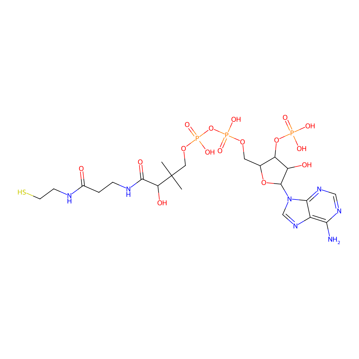 ((5-(6-Aminopurin-9-yl)-4-hydroxy-3-phosphonooxyoxolan-2-yl)methoxy-hydroxyphosphoryl) (3-hydroxy-2,2-dimethyl-4-oxo-4-((3-oxo-3-(2-sulfanylethylamino)propyl)amino)butyl) hydrogen phosphate molecular structure, CAS 31416-98-5