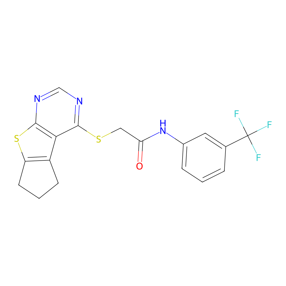 2-(6,7-dihydro-5H-cyclopenta[4,5]thieno[2,3-d]pyrimidin-4-ylsulfanyl)-N-[3-(trifluoromethyl)phenyl]acetamide molecular structure, CAS 314244-56-9