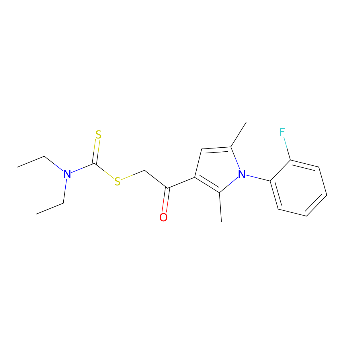 2-(1-(2-fluorophenyl)-2,5-dimethyl-1H-pyrrol-3-yl)-2-oxoethyl diethylcarbamodithioate molecular structure, CAS 314244-77-4