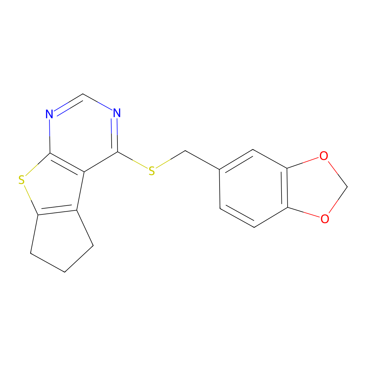 4-((benzo[d][1,3]dioxol-5-ylmethyl)thio)-6,7-dihydro-5H-cyclopenta[4,5]thieno[2,3-d]pyrimidine molecular structure, CAS 314244-97-8