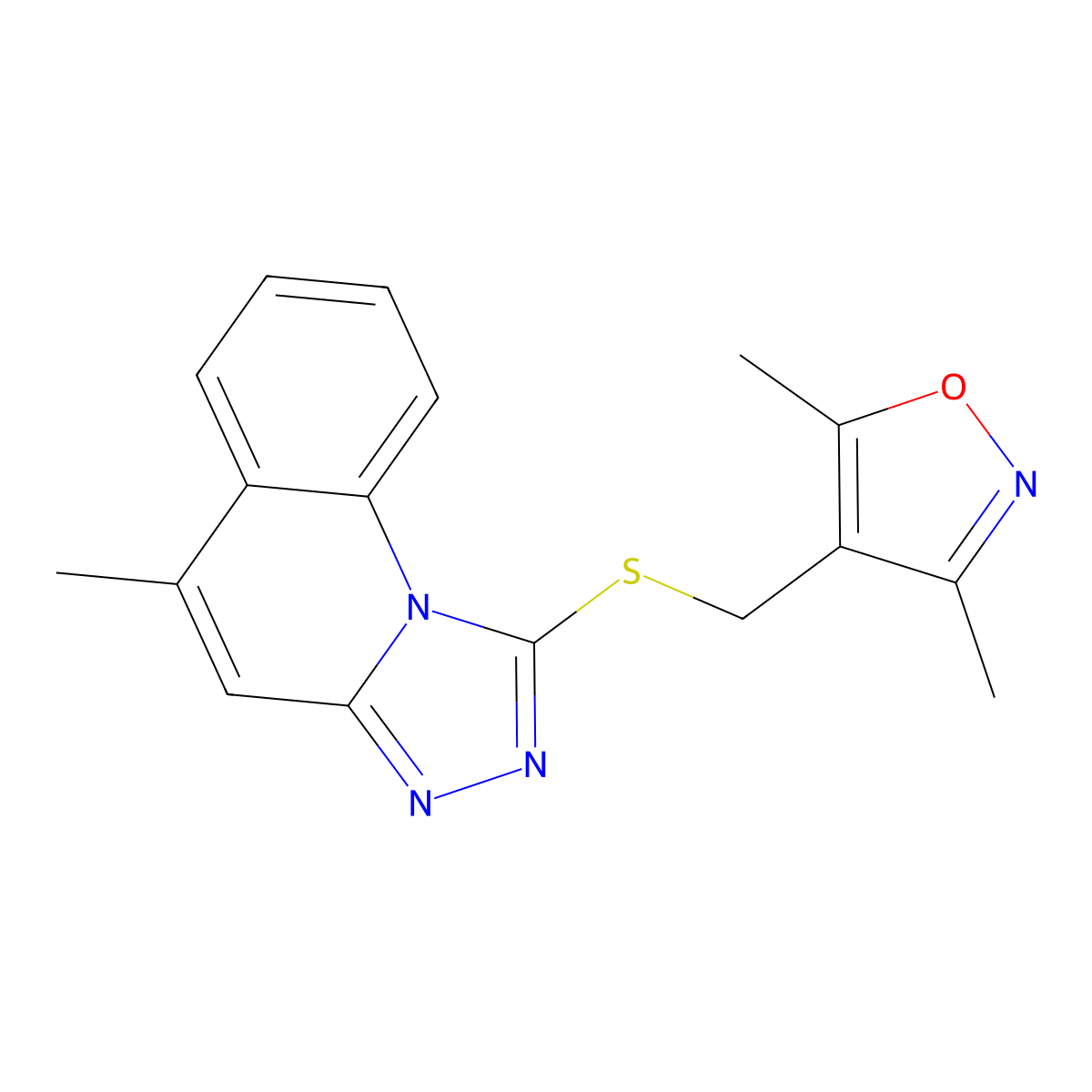 3,5-Dimethyl-4-(((5-methyl-[1,2,4]triazolo[4,3-a]quinolin-1-yl)thio)methyl)isoxazole molecular structure, CAS 314245-18-6