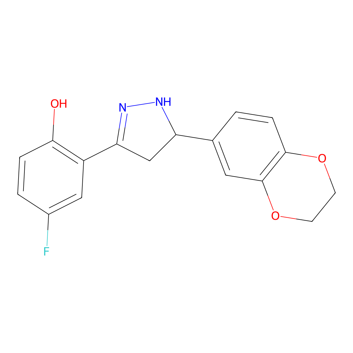 2-[5-(2,3-dihydro-1,4-benzodioxin-6-yl)-4,5-dihydro-1H-pyrazol-3-yl]-4-fluorophenol molecular structure, CAS 314247-24-0