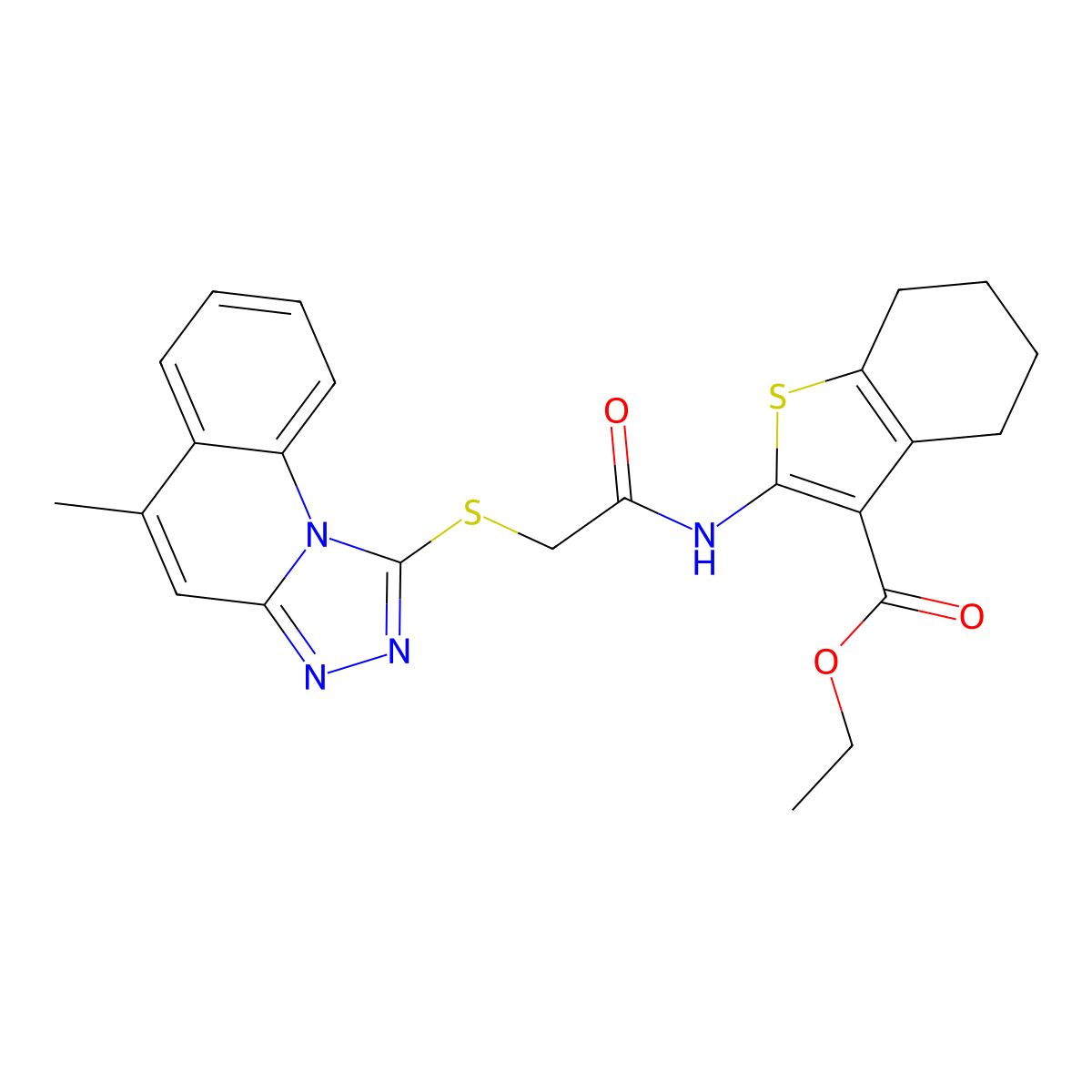 Ethyl 2-[[2-[(5-methyl-[1,2,4]triazolo[4,3-a]quinolin-1-yl)sulfanyl]acetyl]amino]-4,5,6,7-tetrahydro-1-benzothiophene-3-carboxylate molecular structure, CAS 314260-29-2